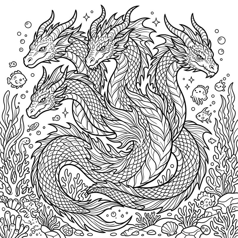 Embark on an epic underwater journey with this captivating multi-headed sea beast coloring page. This intricate design features a magnificent draconic creature amidst a rich marine environment, perfect for unleashing your artistic flair.