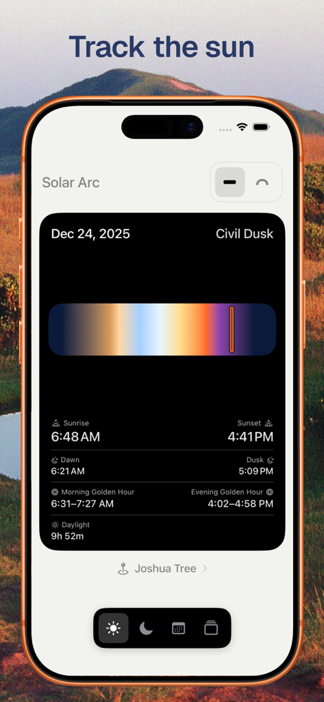Solar Arc: Sun and Moon Widget - Aplicación Solar Arc que muestra los horarios del amanecer, el atardecer y la hora dorada para fotógrafos
