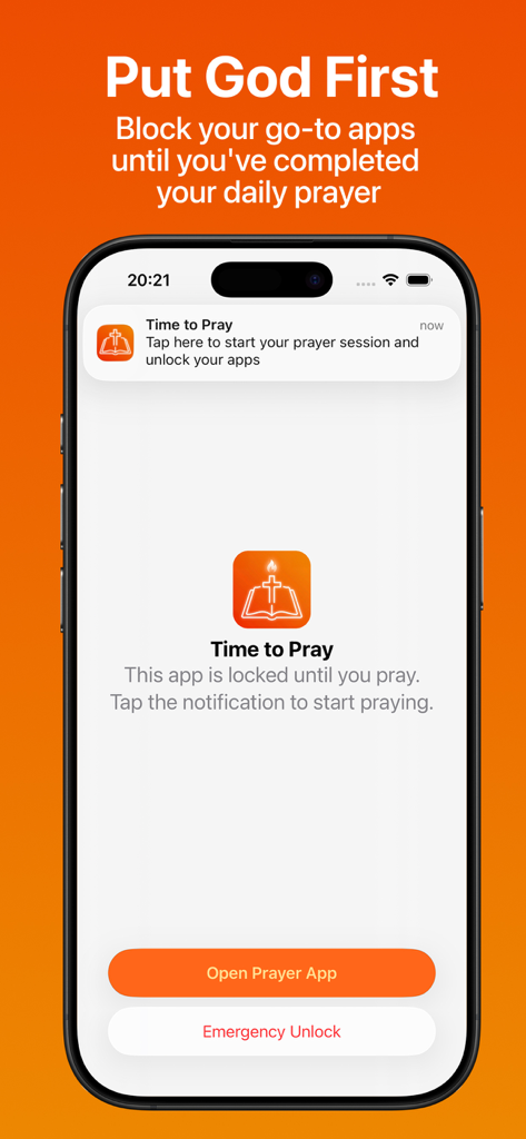 Pray Haven: Christian Journal - Una pantalla de iPhone que muestra la función de bloqueo de la aplicación Pray Haven que requiere una oración diaria para desbloquear otras aplicaciones.