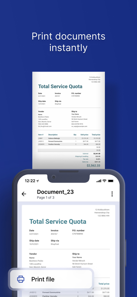 Easy Scanner Camera to PDF - Interfaz de la aplicación Easy Scanner mostrando un documento de cuota de servicio con un botón de archivo de impresión en la pantalla de un smartphone.