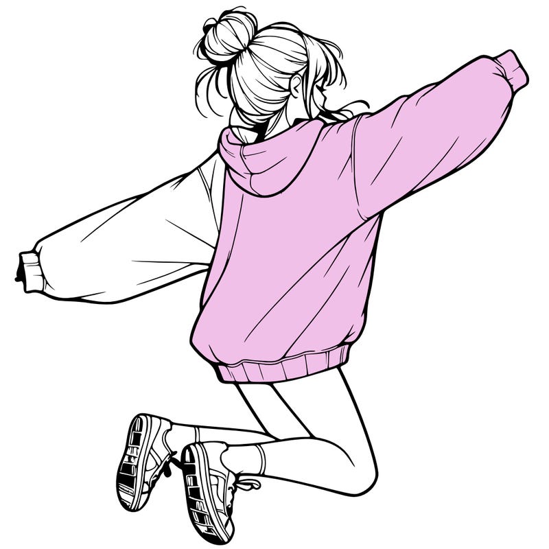 realistic girl jumping with a bun and oversized sweatshirt