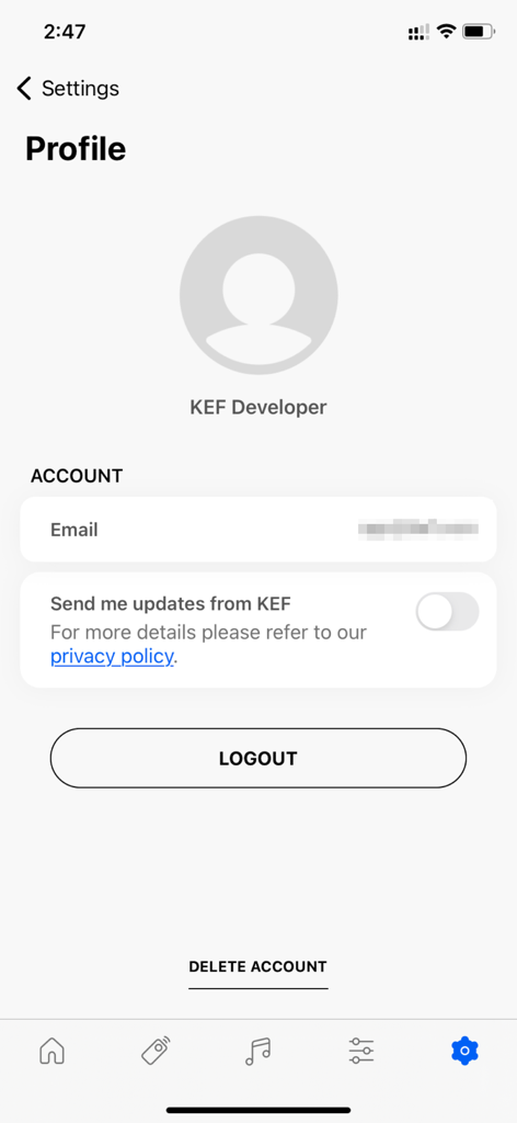 KEF Connect - The user profile and account management screen in the KEF Connect app showing account details and settings.