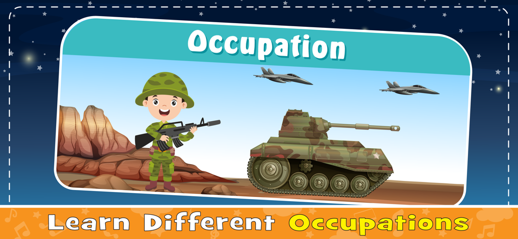 Baby Games: Learning English - Un soldado de dibujos animados parado junto a un tanque y aviones de combate en la sección de ocupaciones de la aplicación.