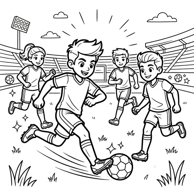 Bring the excitement of the soccer field to life with this dynamic coloring page featuring young players in action. Perfect for kids, it offers an engaging and fun way to celebrate their love for the sport.
