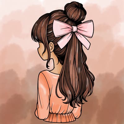 realistic girl  with hip length hair a bun and a big bow on the back of head
