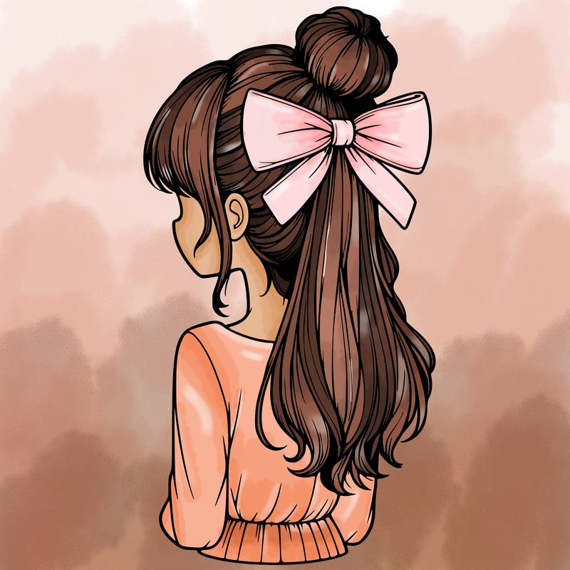 realistic girl  with hip length hair a bun and a big bow on the back of head