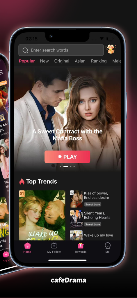 CafeDrama-Short Dramas & Movie - CafeDrama app interface showing short romantic drama series on a smartphone.