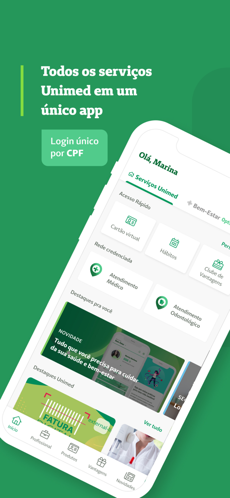 Unimed Goiânia - Unimed Goiânia mobile app dashboard showing virtual health card and medical service options
