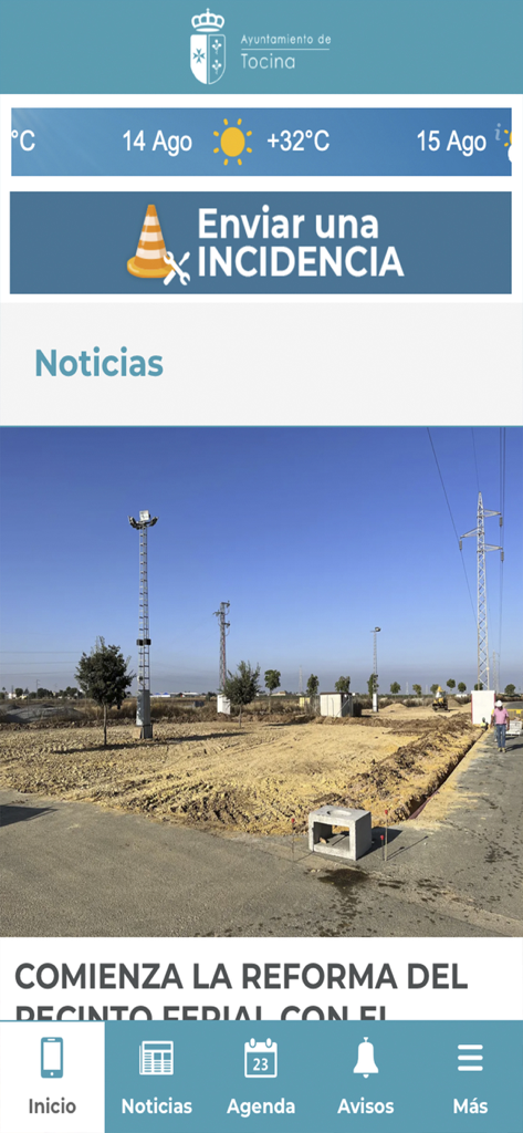 Ayuntamiento de Tocina mobile app home screen showing local news and weather information