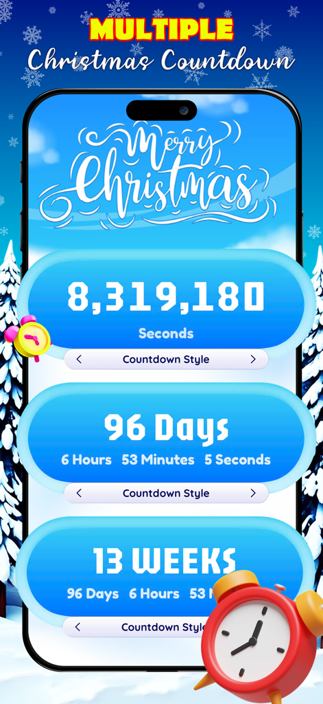 Multiple Christmas countdown styles in the Santa Call Prank app
