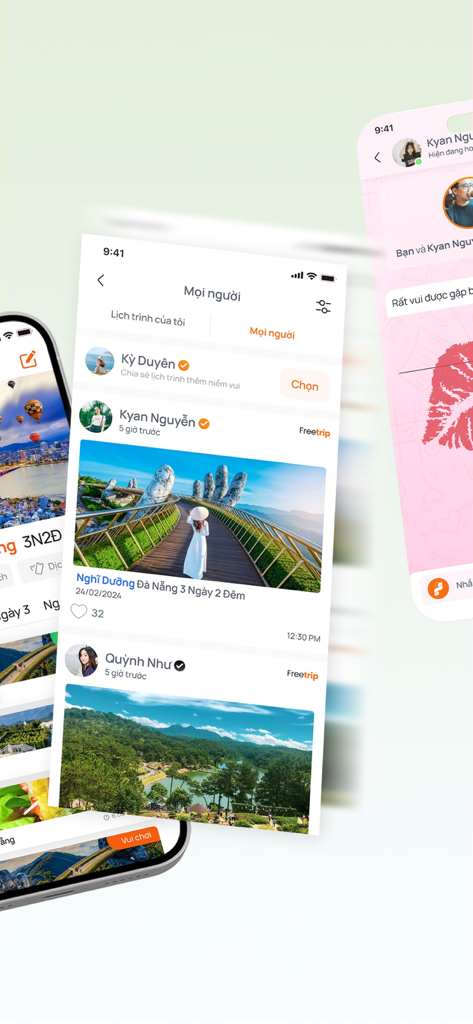 Freetrip - Mobile interface of the Freetrip app displaying a social feed of travel itineraries and a direct chat window for finding travel companions