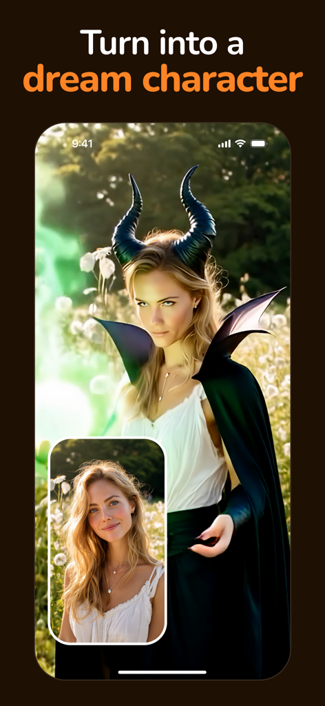 Luma: AI Video Generator - AI transformation of a woman's portrait into a fantasy dream character with horns and a black cloak in the Luma app.