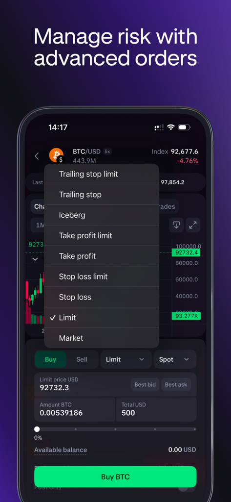 Interface de l'application Kraken Pro montrant le menu des types d'ordres avancés incluant stop loss et take profit pour le trading BTC USD