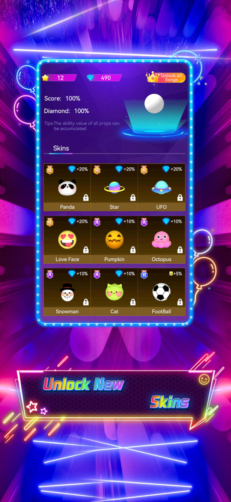 Music Hop EDM Rush - A screenshot of the skins menu in Music Hop EDM Rush showing unlockable ball characters like a panda and a UFO