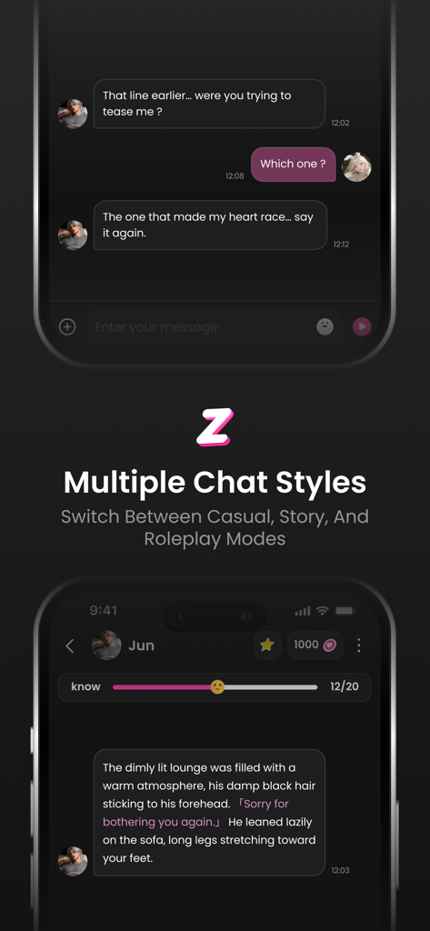 ZingChat: AI Character Chat - ZingChat mobile app interface displaying multiple AI chat styles including casual story and roleplay modes