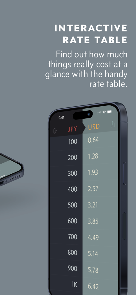 Die Elk Währungsrechner App zeigt eine interaktive JPY-zu-USD-Kurstabelle auf einem iPhone.