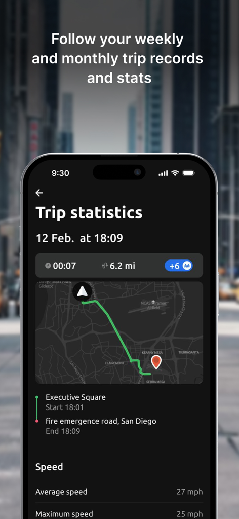 Hudway Go: Navigation with HUD - Hudway Go app screenshot showing trip statistics with a route map and driving speed data
