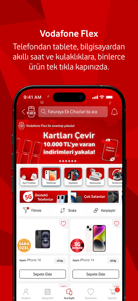 Vodafone Yanımda app interface showing the Vodafone Flex online store for electronics and smartphones