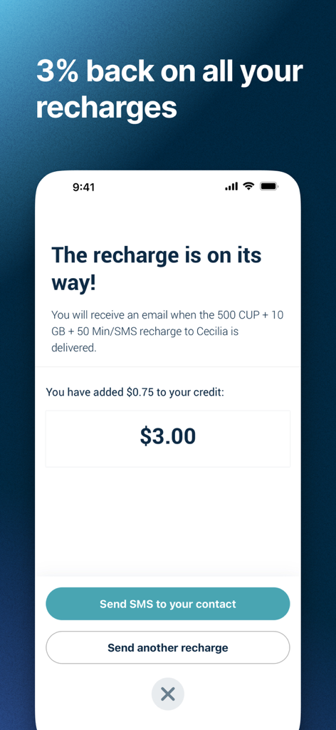 Tela de aplicativo móvel confirmando uma recarga de telefone bem-sucedida para Cuba com uma notificação de cashback de 3%.