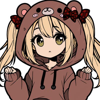 cute anime girl with ponytails and a cute bear hoodie