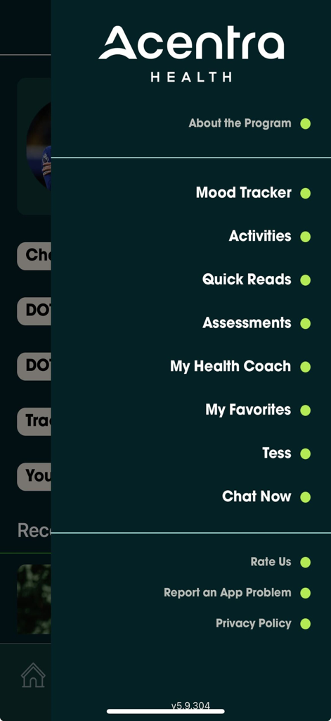 Acentra Connect - Acentra Connectアプリのナビゲーションメニュー。ムードトラッカー、アクティビティ、評価、ヘルスコーチなどのオプションが表示されています。