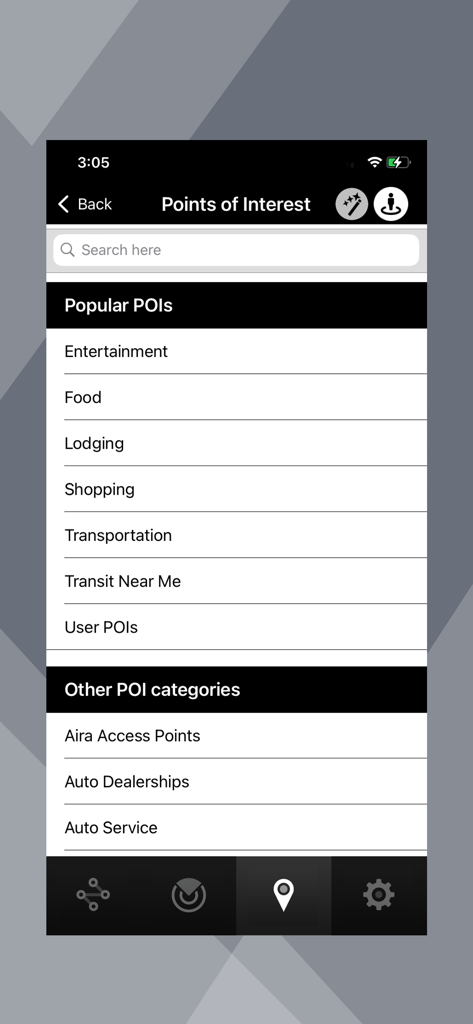 Indigo Nav - Points of Interest menu in Indigo Nav showing high contrast categories for easy navigation.