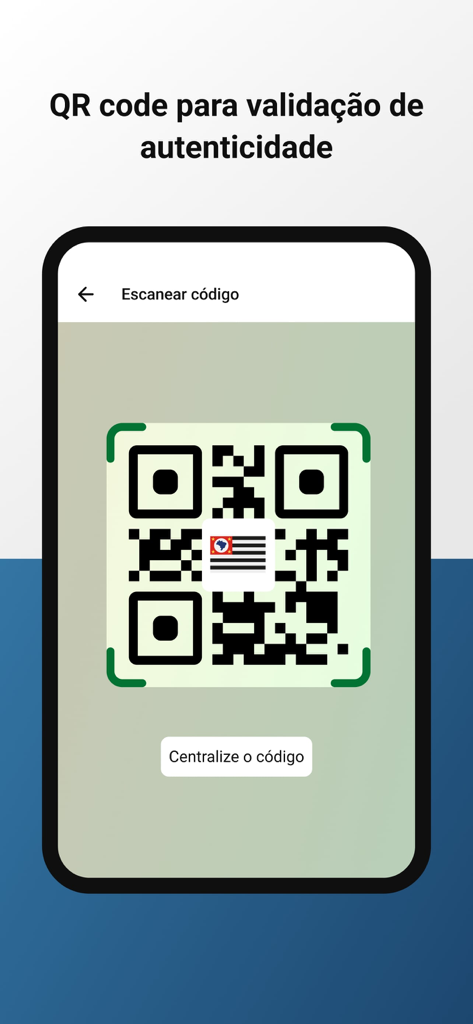 A smartphone screen scanning a QR code for authenticity validation within the RG Digital SP app.