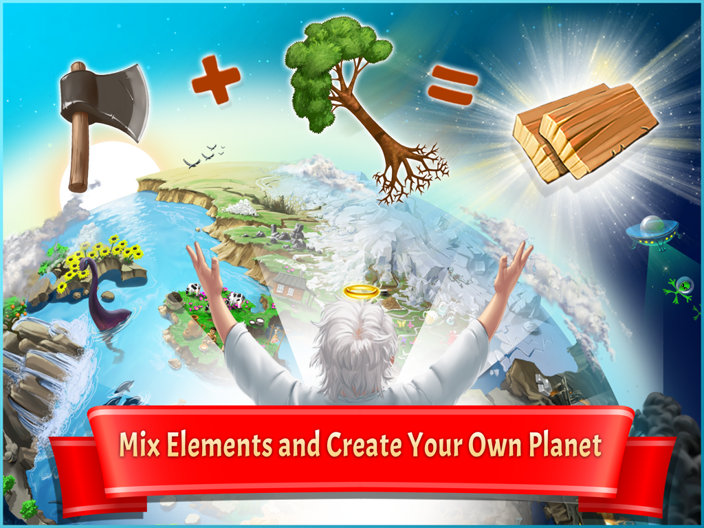 Doodle God™ HD - Doodle God HD game screen showing an axe and a tree combining to make wood over a growing planet
