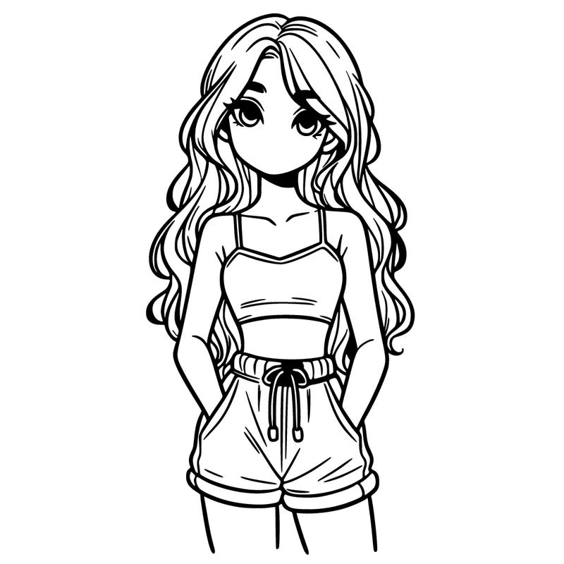 1 girl in a crop top baggy shorts and long hair