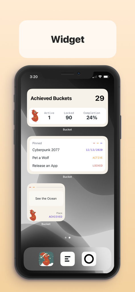 iPhone home screen displaying Bucket app widgets for achievement stats and pinned personal goals