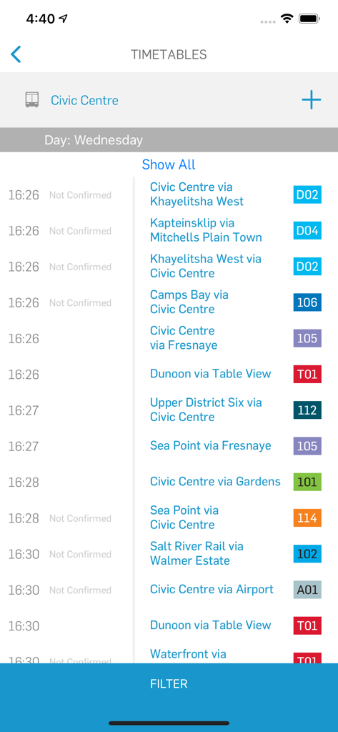 Screenshot of the MyCiTi app displaying bus departure times at Civic Centre