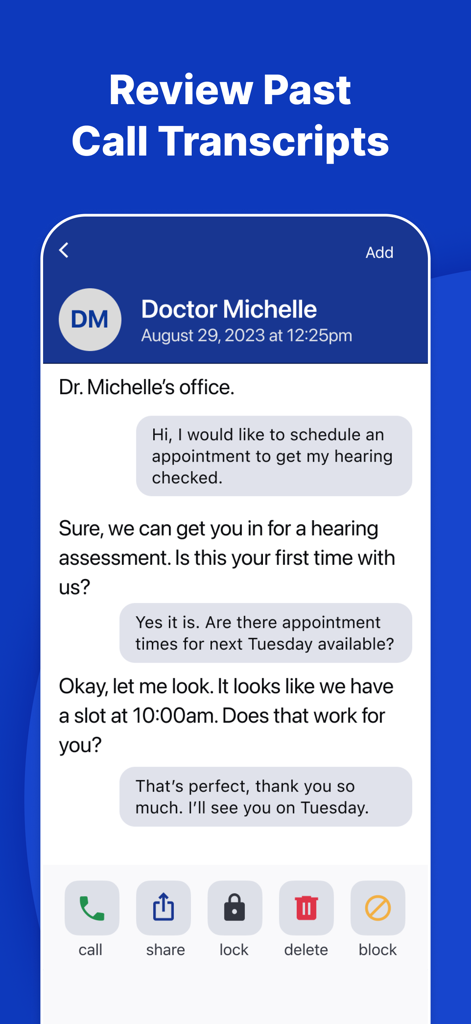 InnoCaption: Call Captioning - A screenshot of the InnoCaption app displaying a saved call transcript between a user and a doctor.