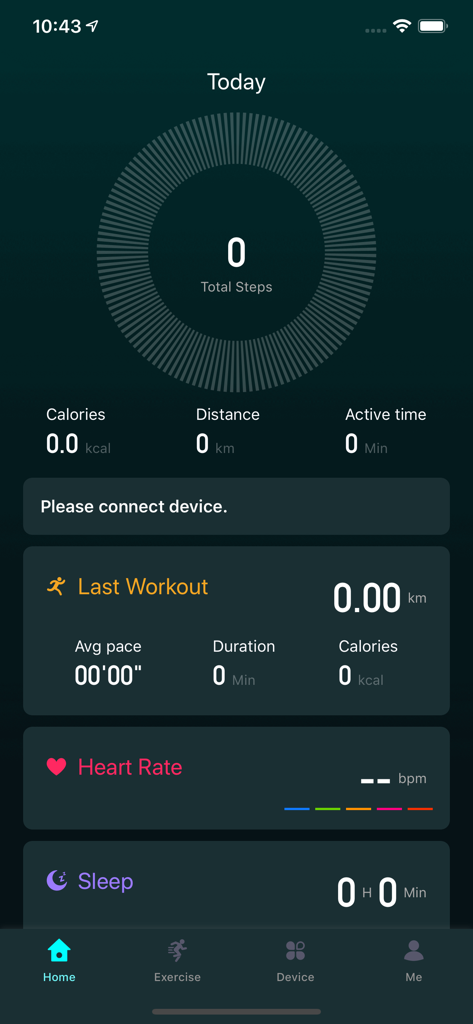 Ywatch - The home screen of the Ywatch app showing daily steps calories heart rate and sleep monitoring sections
