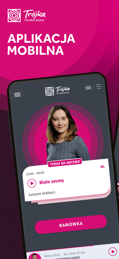 Trójka Polskie Radio - Trójka Polskie Radio mobile app interface showing the current radio host and program details