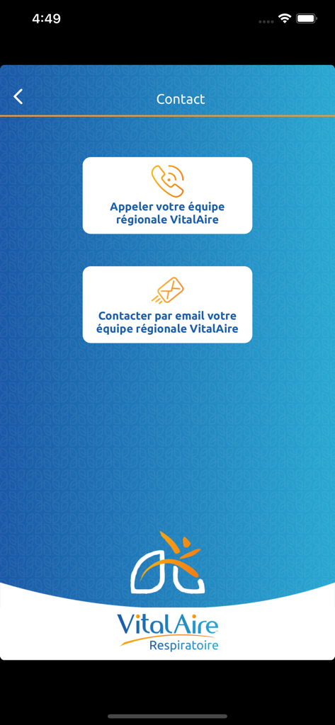 VitalAire Respiratoire app contact screen with buttons to call or email the regional support team