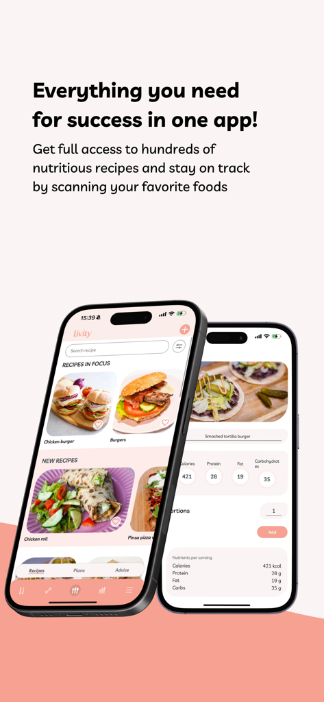 Livity - Interface de l'application Livity montrant des recettes nutritives et le suivi des calories et des macronutriments sur deux téléphones portables