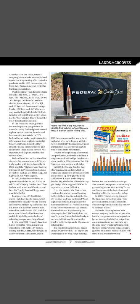 Rifleshooter - Ein Magazinartikel von Rifleshooter, der die Geschichte und technischen Spezifikationen von Federal Centerfire-Gewehr Munition beschreibt