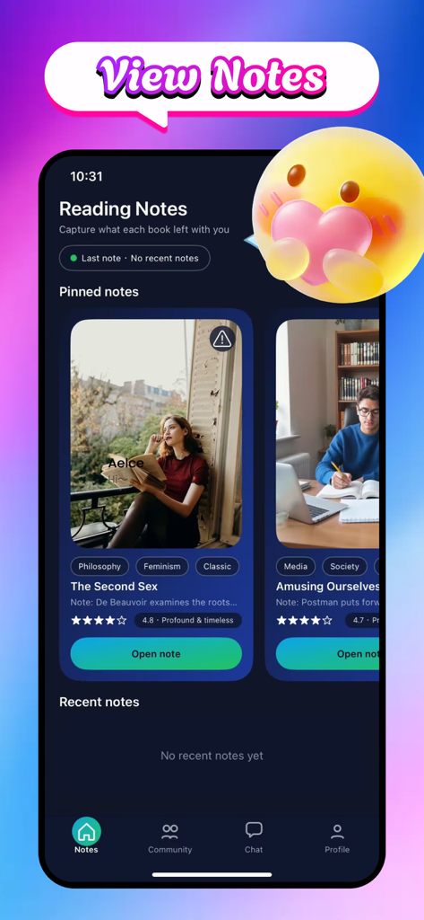 Vilo: Record & Explore More - La interfaz de la aplicación Vilo que muestra una sección de Notas Fijadas con reflexiones de libros para El Segundo Sexo y Amusing Ourselves to Death.