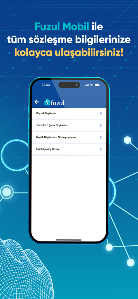 FUZUL Mobil - FUZUL Mobil app interface showing contract and live draw menu options on a smartphone