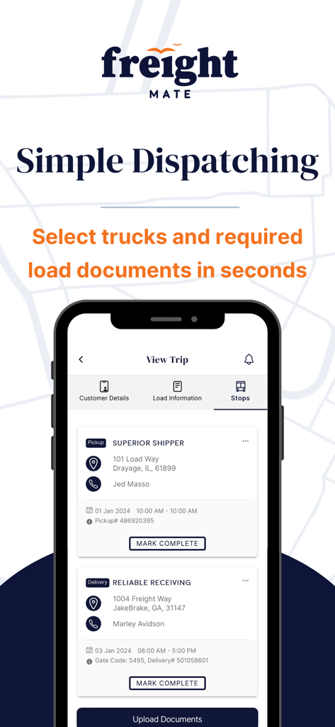 Freight Mate - Interface do aplicativo móvel Freight Mate mostrando detalhes de coleta e entrega para gerenciamento de viagens de caminhão.
