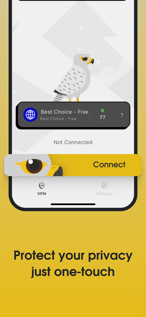 VPN - FREE VPN Fast Ⓡ - Gyrfalcon VPN mobile app interface showing a one-touch connect button and privacy protection text.