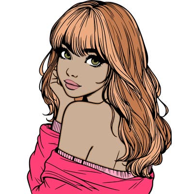 realistic girl with bangs looking over her shoulder