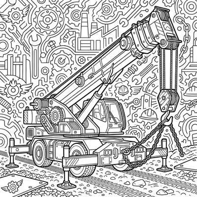 Unleash your creativity with this super detailed mobile crane coloring page, perfect for teens who love intricate designs and powerful machinery. Explore a dynamic industrial scene filled with gears and tools, ready for your unique color palette.