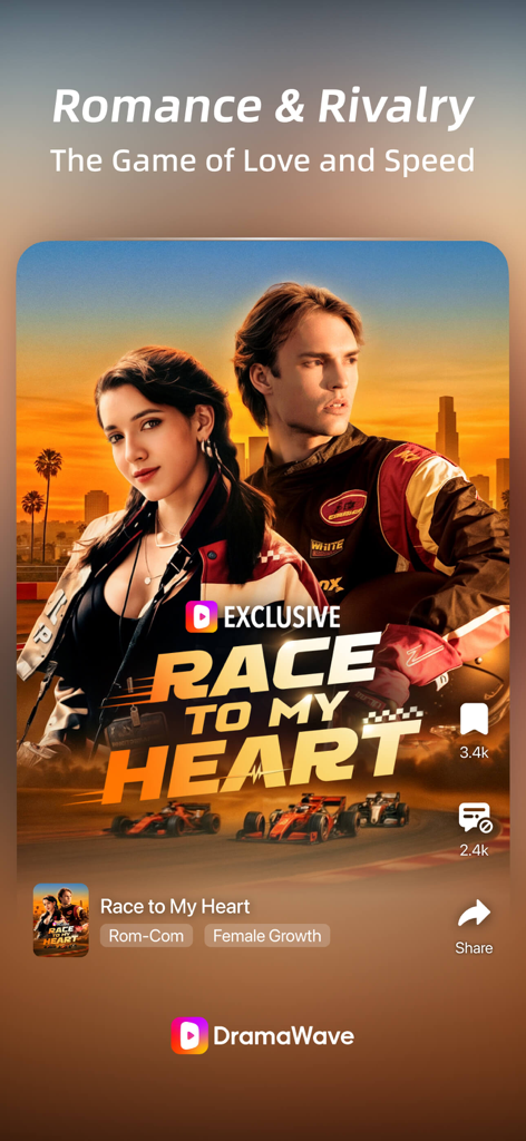 DramaWave - Dramas & Reels - Promo poster for the exclusive short series Race to My Heart on the DramaWave app featuring a romantic racing theme.