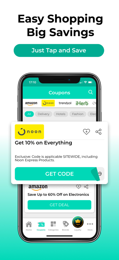 Almowafir app displaying shopping coupons for Noon and Amazon