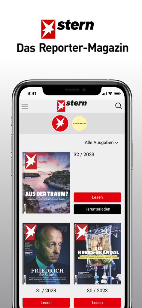 stern Magazin - Stern Magazin mobile app home screen showing a selection of digital magazine issues with read and download buttons
