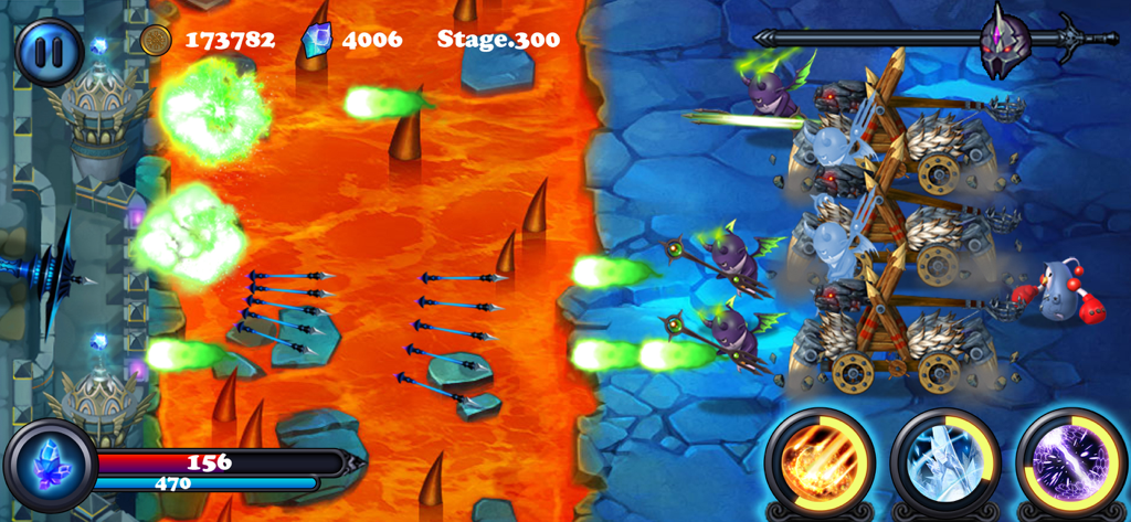 Defender II - Captura de pantalla del juego Defender II que muestra flechas y hechizos defendiendo un castillo contra oleadas de monstruos