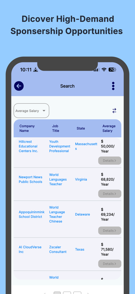 H1B Visa Sponsorship Jobs USA - Search results showing H1B visa sponsoring companies with job titles and average salaries