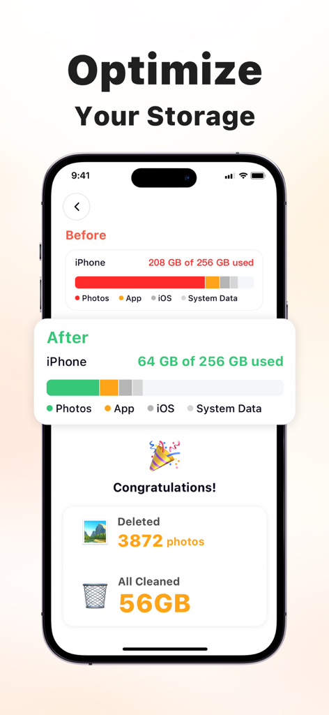 Before and after comparison showing 56GB of storage space cleaned on an iPhone using Clear Nest app