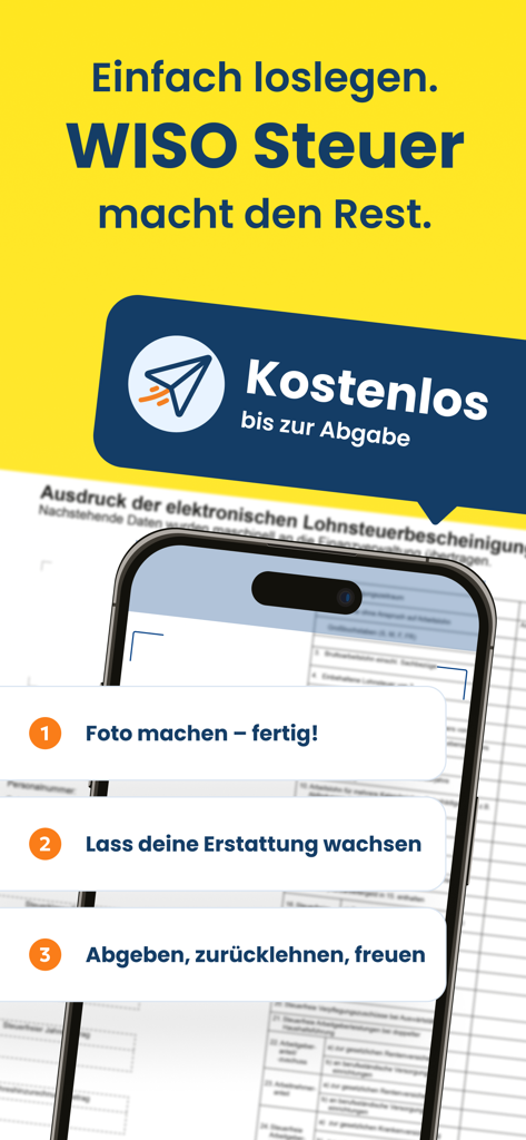WISO Steuer - Steuererklärung - ドイツの税務アプリWISO Steuerがスマートフォンでの税務申告の3ステッププロセスを表示